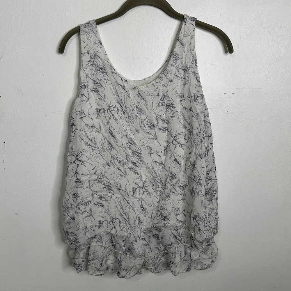 Giusy Made in Italy Blue White Floral Sketch Ruffle Hem Sleeveless Tank Top‎ S